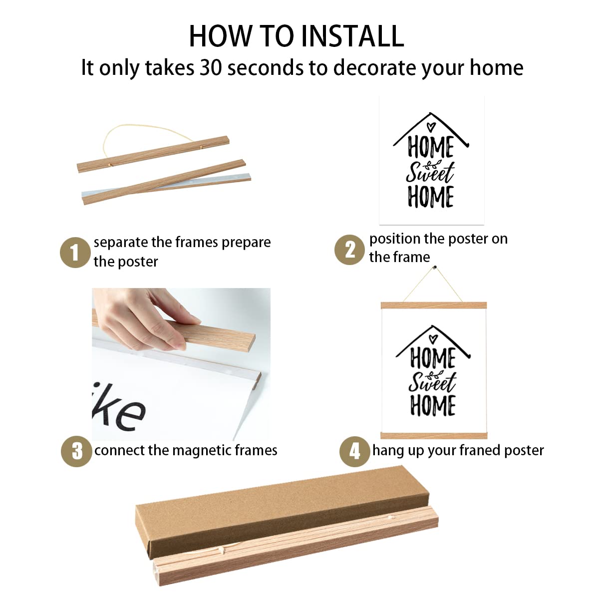 Magnetic Poster Hanger Frame In Pine Color 3 pack, 16x24 16x20 16x16 Wooden Hanging Kit for Walls Map Canvas Artwork, 16 inchx3pcs