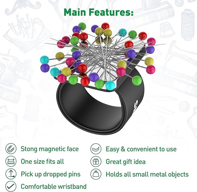 Magnetic Pin Cushion Wristband Black 9" – Strong Pin Holder for Sewing & Quilting | Gift for Sewers Gift for Quilters | Top Sewing Notion & Quilting Accessory | Wrist Pin Cushion