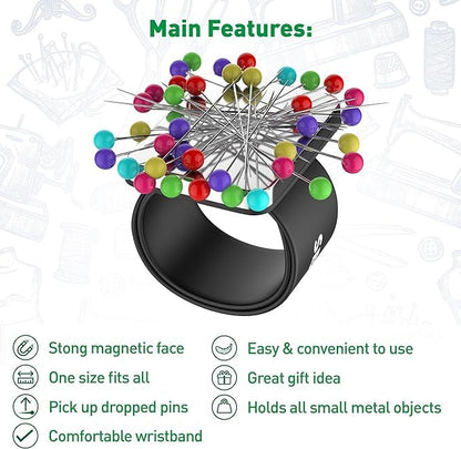 Magnetic Pin Cushion Wristband Black 9" – Strong Pin Holder for Sewing & Quilting | Gift for Sewers Gift for Quilters | Top Sewing Notion & Quilting Accessory | Wrist Pin Cushion