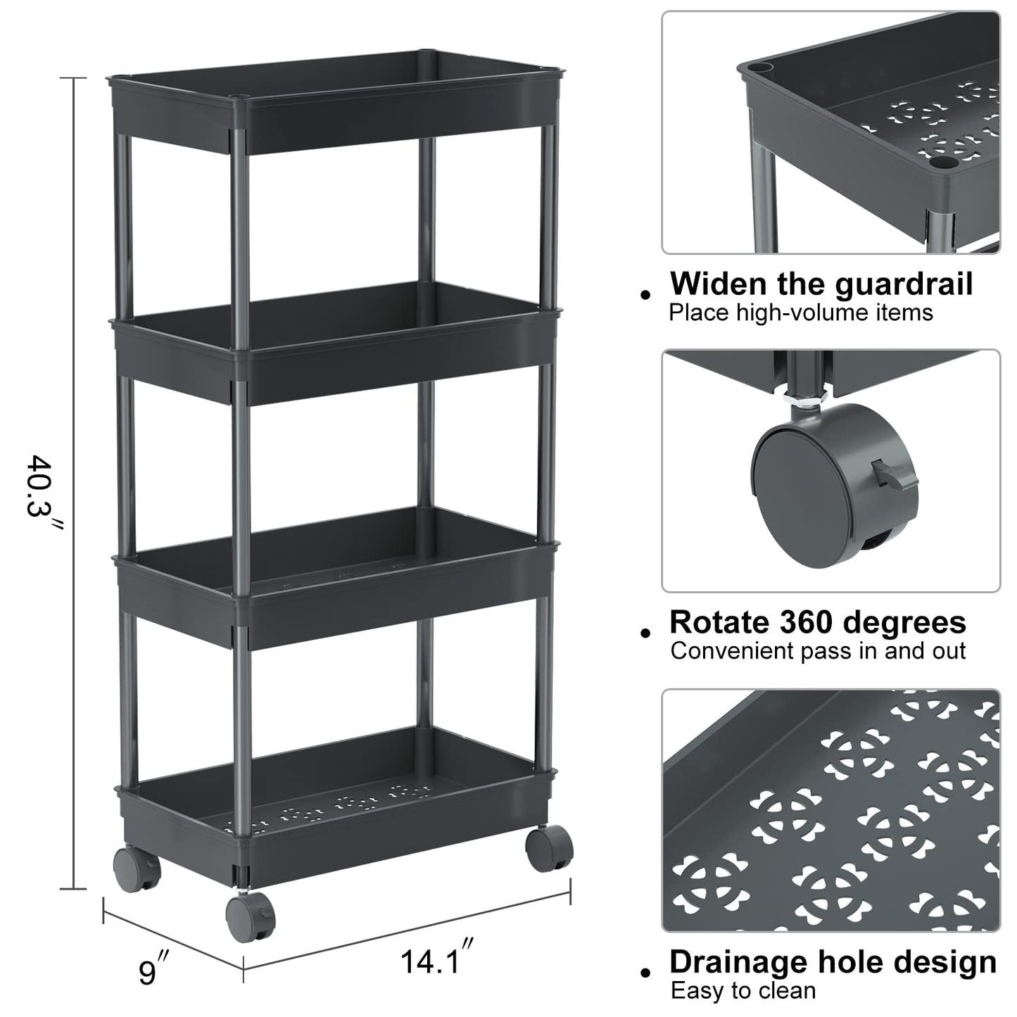 4 Tier Wide Storage Cart Mobile Shelving Unit Organizer Slide Out Storage Rolling Utility Cart Tower Rack for Kitchen Bathroom Laundry, Plastic & Stainless Steel,Black