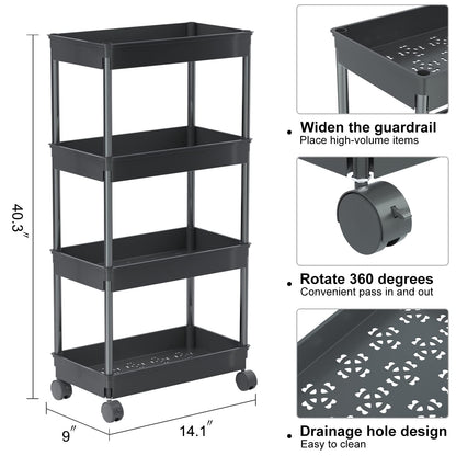 4 Tier Wide Storage Cart Mobile Shelving Unit Organizer Slide Out Storage Rolling Utility Cart Tower Rack for Kitchen Bathroom Laundry, Plastic & Stainless Steel,Black