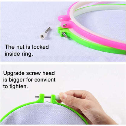 6 Pieces Embroidery Hoops and 15 Needles, Plastic Circle Cross Stitch Hoop Ring Embroidery Circle Set, 3.4 inch to 10.4 inch (Multicolor)