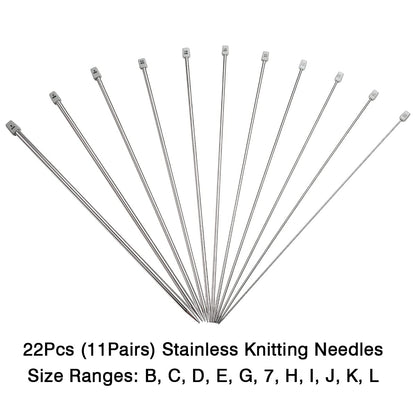 11 Pairs Knitting Needle Set, 10'' Length Stainless Steel Single Pointed Sweater Staight Needle Kit in Different Sizes, Great for Weaving or Knitting