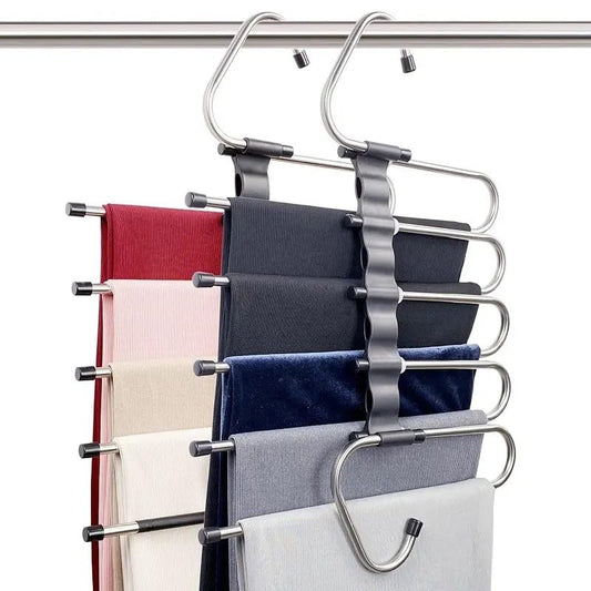 Pants Hangers Space Saving 2-Pack - 5-Tier, Non-slip, Stainless Steel Pants Organizer for Closet, Hangs Horizontally or Vertically, Multifunctional Storage for Jeans, Skirts, Scarves, Leggings, Shorts