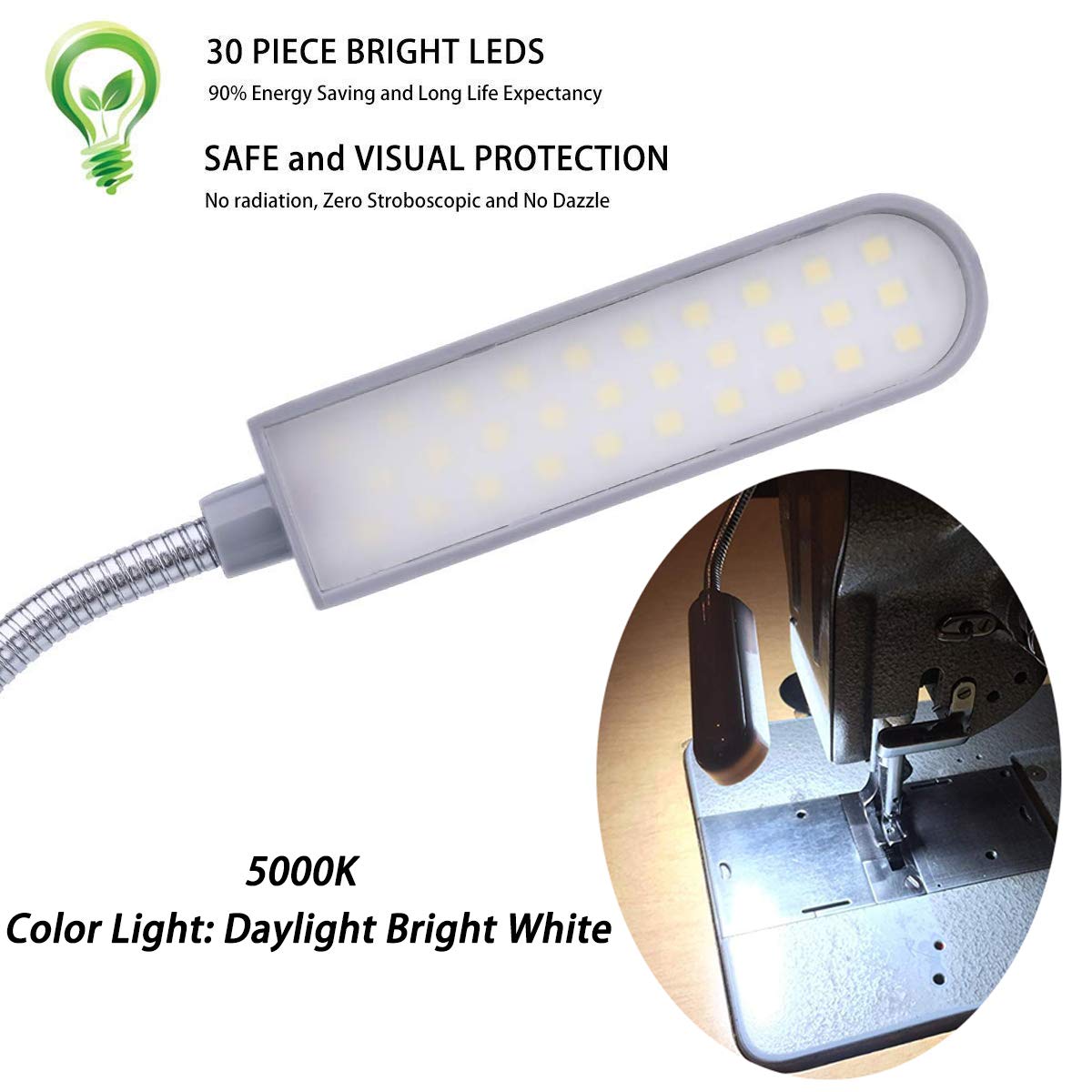 Sewing Machine Light LED Lighting (30LEDs) 6 Watt Multifunctional Flexible Gooseneck Arm Work Lamp with Magnetic Mounting Base for Workbench Lathe Drill Press Gray
