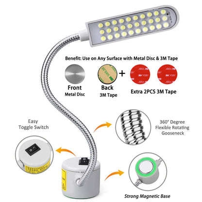 Sewing Machine Light LED Sewing Lighting (30LEDs) for Workbench Lathe Drill Press Flexible Gooseneck Arm Work Lamp with Magnetic Base 2Pcs Mounting Dics + 2 Pcs 3M Sticker