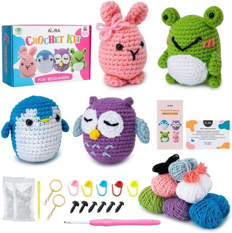 Learn to Crochet Kit for Beginners Kids and Adults, 4 Pattern Beginner Crochet Animal kit with Step-by-Step Video Tutorials (Forest Friends–Standard Size)