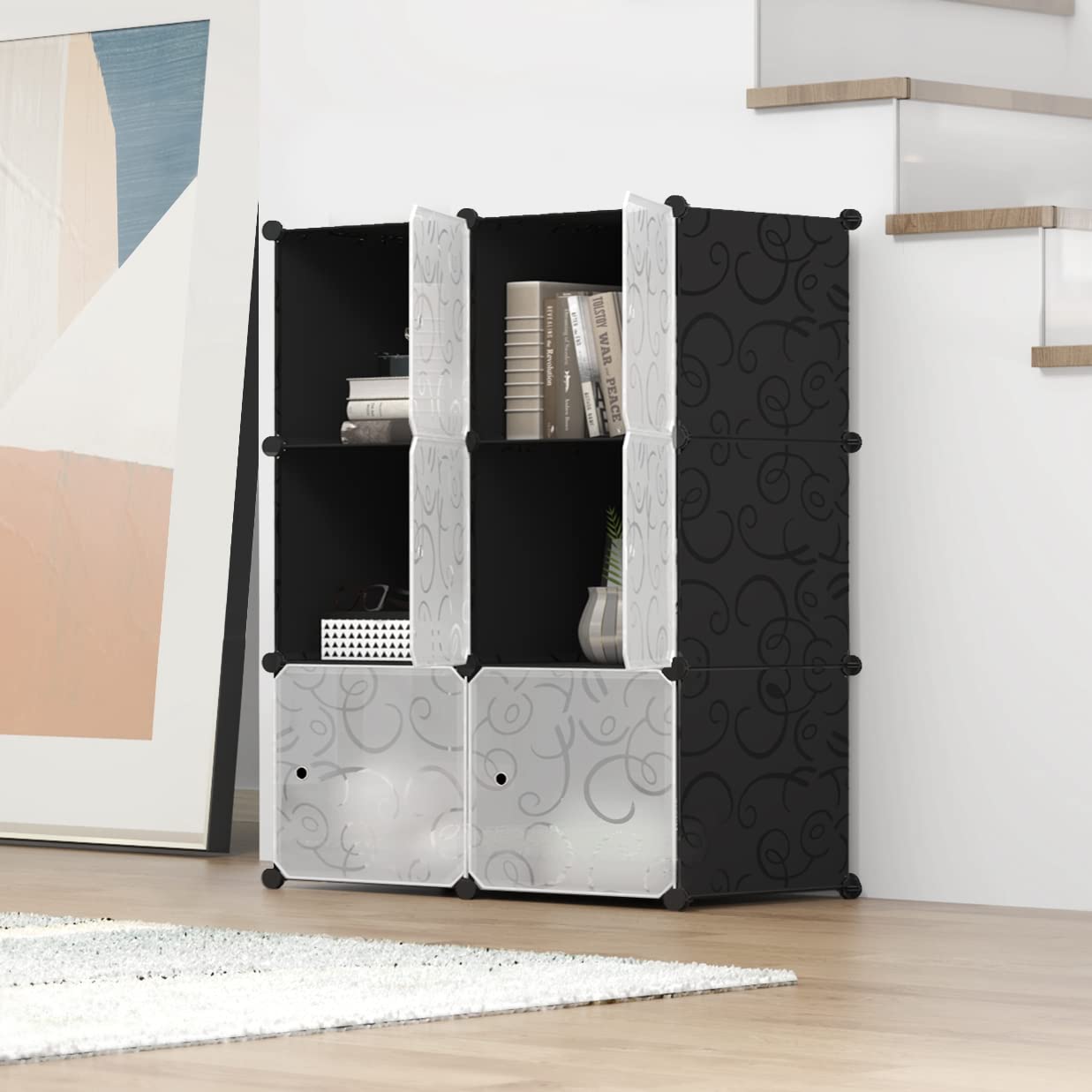 Cube Storage Organizer with Doors, Plastic 6-Cube Storage with Doors for Livingroom, Bedroom and Office (Black)