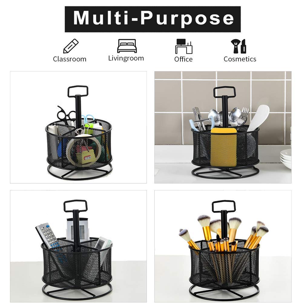 Mesh Desk Organizer, 360-Degree Rotating Multi-Functional Pen Holder, 4 Compartments Desktop Stationary Organizer, Home Office Art Supply Storage Box Caddy (Black)