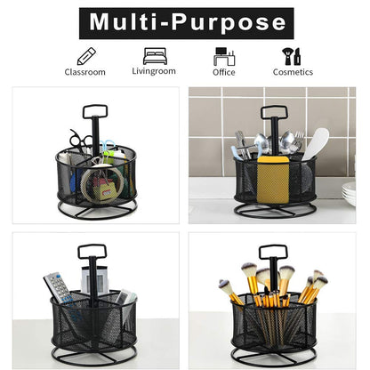 Mesh Desk Organizer, 360-Degree Rotating Multi-Functional Pen Holder, 4 Compartments Desktop Stationary Organizer, Home Office Art Supply Storage Box Caddy (Black)