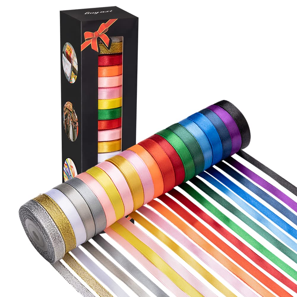 20 Colors 300 Yard Double Faced Rainbow Satin Ribbon -18 Ribbon Rolls & 2 Glitter Metallic Ribbon,3/8" X 15 Yard/Roll,Perfect for Christmas Gift Wrapping,Hair Bows & Other Craft Projects