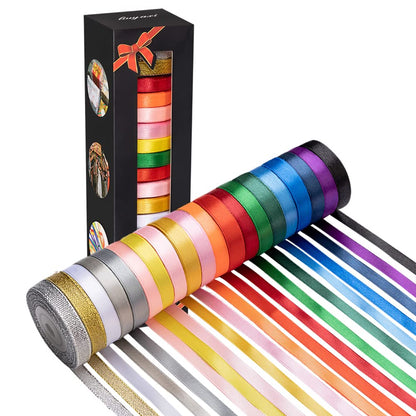 20 Colors 300 Yard Double Faced Rainbow Satin Ribbon -18 Ribbon Rolls & 2 Glitter Metallic Ribbon,3/8" X 15 Yard/Roll,Perfect for Christmas Gift Wrapping,Hair Bows & Other Craft Projects