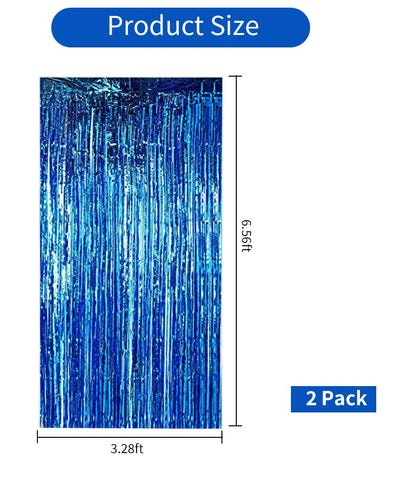 2 Pcs Blue Door Streamers Tinsel Curtain Party Backdrop Fringe Foil Wall Background for Birthday Halloween Christmas Wedding Boys Baby shower Party Decoration(3.28 ft x 6.56 ft)