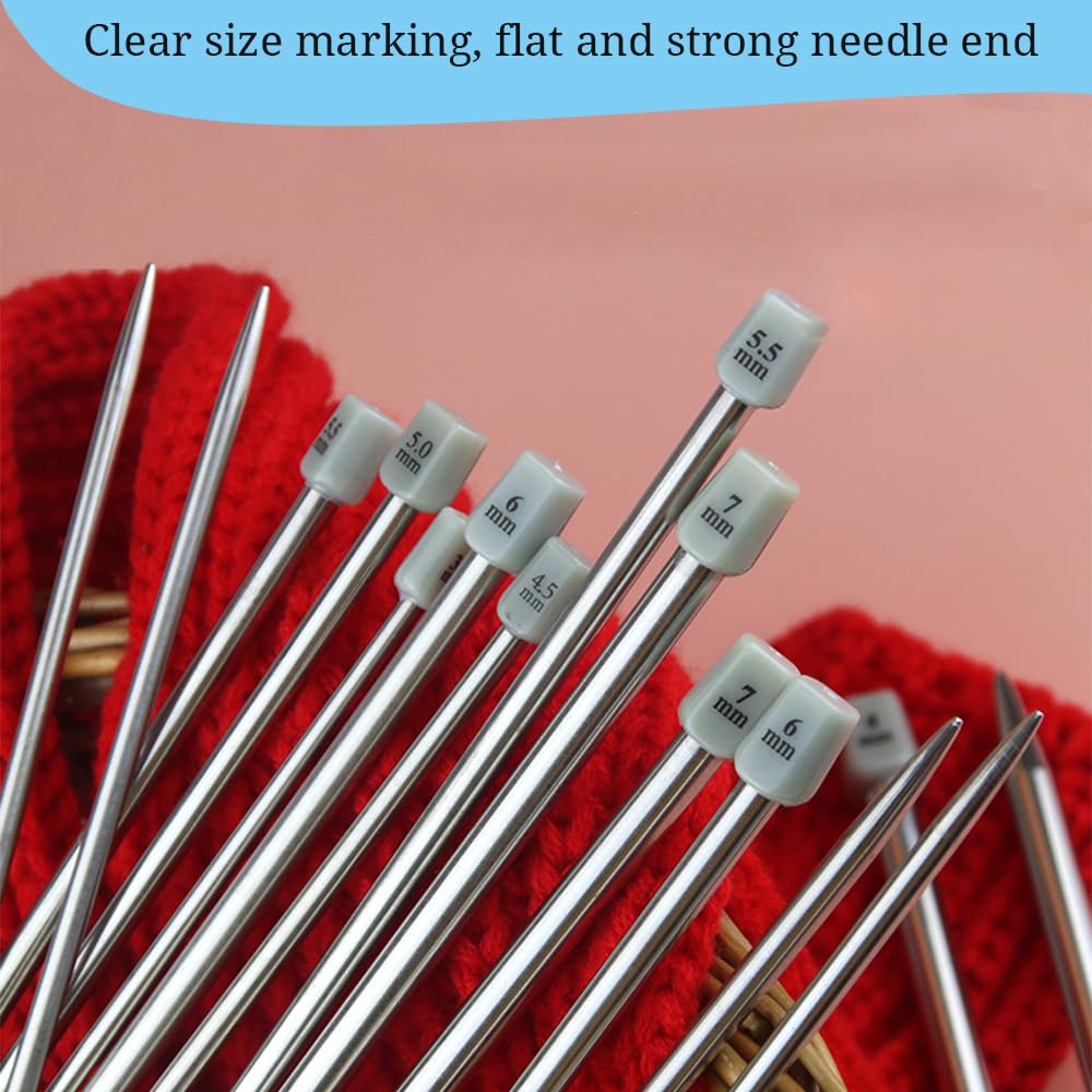 55pcs Metal Knitting Needle Set,Aluminum Straight Single Pointed Stainless Steel Knitting Needles,11 Size 2mm-8mm,10inch Length for Handmade DIY Knitting with Accessories
