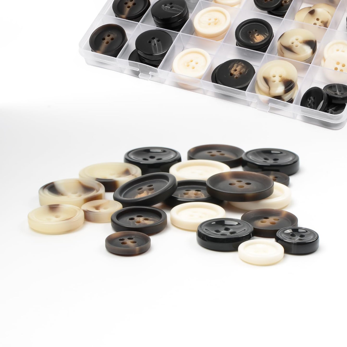 110Pcs Mixed Sewing Buttons, 4-Hole Craft Round Blazer Buttons, 5 Color 3 Size (15mm, 20mm, 25mm) Suit Coats Resin Button, Suitable for Variety Clothing Sewing, DIY Craft (Black & White)