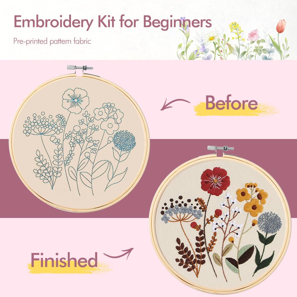 Embroidery Kit, 4 Sets Cross Stitch Kits for Beginners with Stamped Flower Pattern, Starter Kits for Adults Hand Craft Lover with Embroidery Hoop, Instructions and Threads