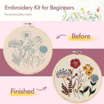Embroidery Kit, 4 Sets Cross Stitch Kits for Beginners with Stamped Flower Pattern, Starter Kits for Adults Hand Craft Lover with Embroidery Hoop, Instructions and Threads