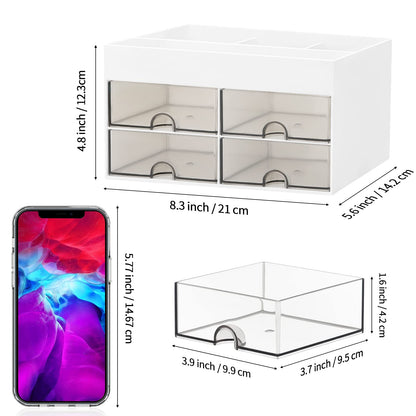 Desktop Organizer with Drawer, Accessories Stationary Organizer Desk Caddy, Pen/Pencil/Business Card/Sticky Note Tray/Paperclip Holder Storage Box (White)