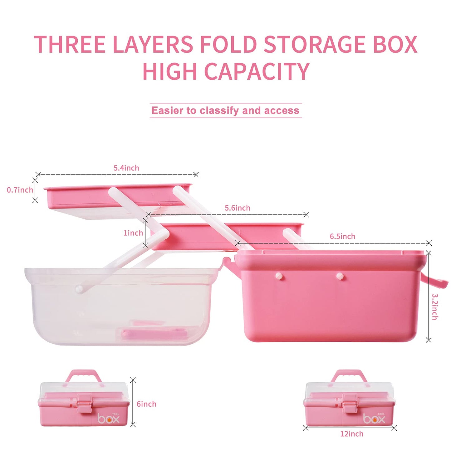12in Three-Layer Multipurpose Storage Box Organizer Folding Tool Box/Art & Crafts Case/Sewing Supplies Organizer/Family First Aid organizer/Medicine Storage with 2 Trays (Pink)