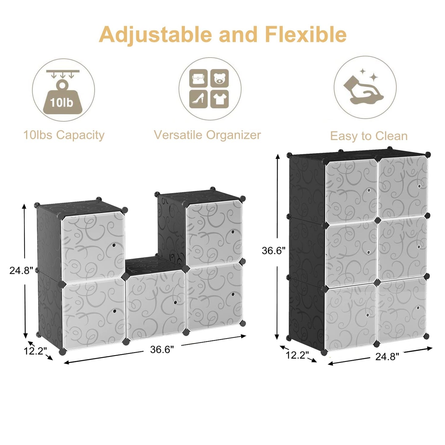 Cube Storage Organizer with Doors, Plastic 6-Cube Storage with Doors for Livingroom, Bedroom and Office (Black)