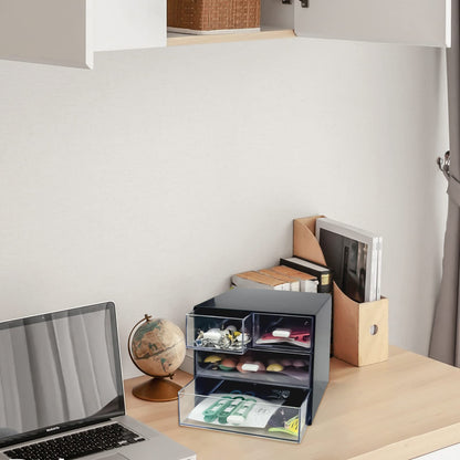 Desk Organizer with Drawer, Desk Storage Box, Plastic Office Stationery Supplies Organizers, Desktop Organizer for Office School Home (4 drawer, Black)