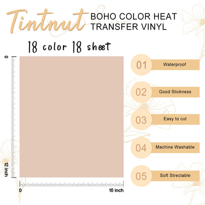 Boho Color Heat Transfer Vinyl - 18 Sheets 12 X10 Inche Neutral Tone Brown HTV Vinyl Aqua Iron On Vinyl Beige/Brown/Tan/Light Lilac HTV for T-Shirts Compatible with Silhoutte Cameo