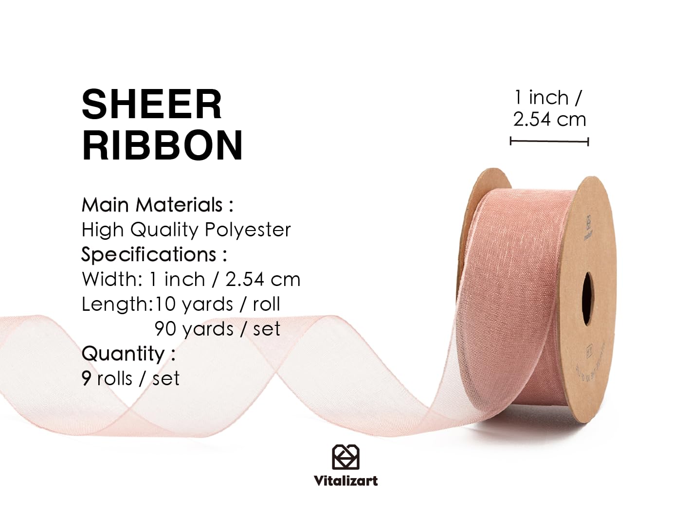 1" x 90Yd Organza Ribbon Mixed Color Sheer Ribbons Set 10 Yd x 9 Rolls Handmade for Gift Wrapping Christmas Tree Crafts Bows Wedding Invitations Wreaths Wrap