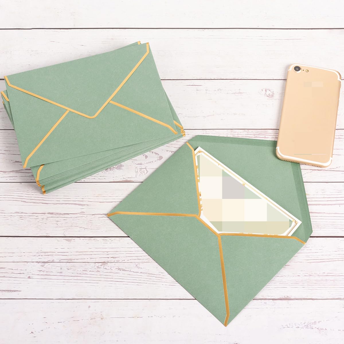 50 Pack Sage Green A7 Envelopes 5 x 7 Self-Adhesive V Flap Envelopes with Gold Border for Office, Greeting Card, Wedding, Graduation, Baby Shower, Parties, Invitations (Sage Green, 5x7)