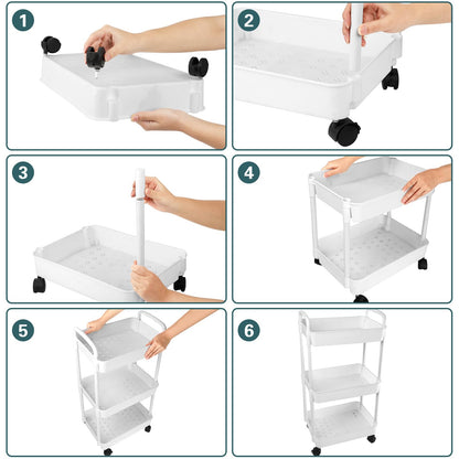 3 Tier Rolling Cart, Plastic Diaper Cart Organizer with Wheels, Roller Cart for Diapers, Baby Nursery, Kitchen, Bathroom, Living Room and Bedside, White