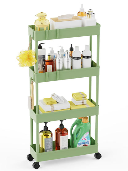 5.1" Slim Storage Cart - 4 Tiers Bathroom Organizer Mobile Shelving Unit Storage Rolling Utility Cart Slide Out Organizer for Kitchen Bathroom Laundry Narrow Places, Green