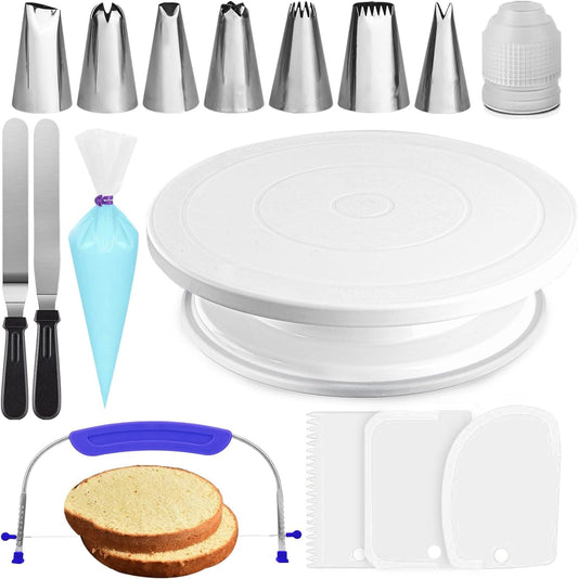 35PCs Cake Turntable and Leveler-Rotating Cake Stand with Non Slip pad-7 Icing Tips and 20 Bags- Straight & Offset Spatula-3 Scraper Set -EBook-Cake Decorating Supplies Kit -Baking Tools