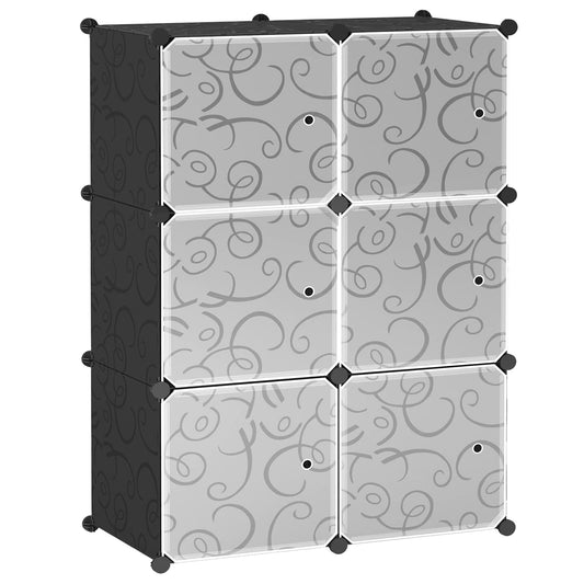 Cube Storage Organizer with Doors, Plastic 6-Cube Storage with Doors for Livingroom, Bedroom and Office (Black)
