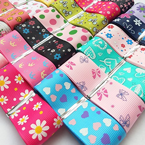 DIY Assorted 20 Yards Grosgrain Ribbon Bow Daisy Butterfly Cake Love Heart Dots Flower Rose Smile Face Craft DIY Packing Hair Bow Accessory