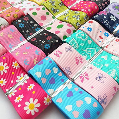 DIY Assorted 20 Yards Grosgrain Ribbon Bow Daisy Butterfly Cake Love Heart Dots Flower Rose Smile Face Craft DIY Packing Hair Bow Accessory