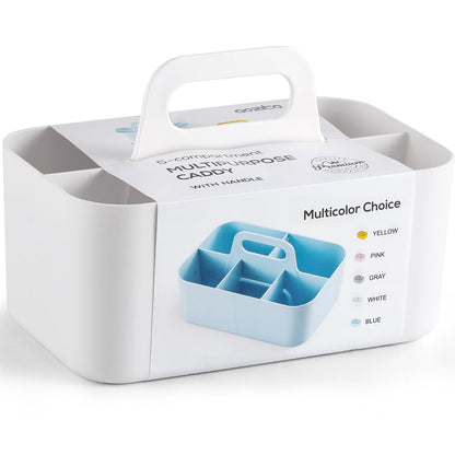 Caddy Organizer with Handle - Stackable Plastic Tote Bin - Art Craft Supplies, Office, Desk, Stationery Pen Holder, Kitchen, Utensil, Makeup, Bathroom, Shower, Cleaning, Dorm Organizer -White