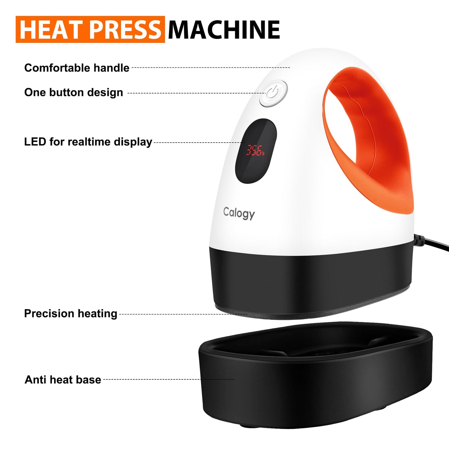 Mini Heat Press, Heat Transfer Machine, Constant Temp Control, Insulated Safety Base, Fits for Crafts, T-Shirt, Hat, Cap, Pillows (White Orange)