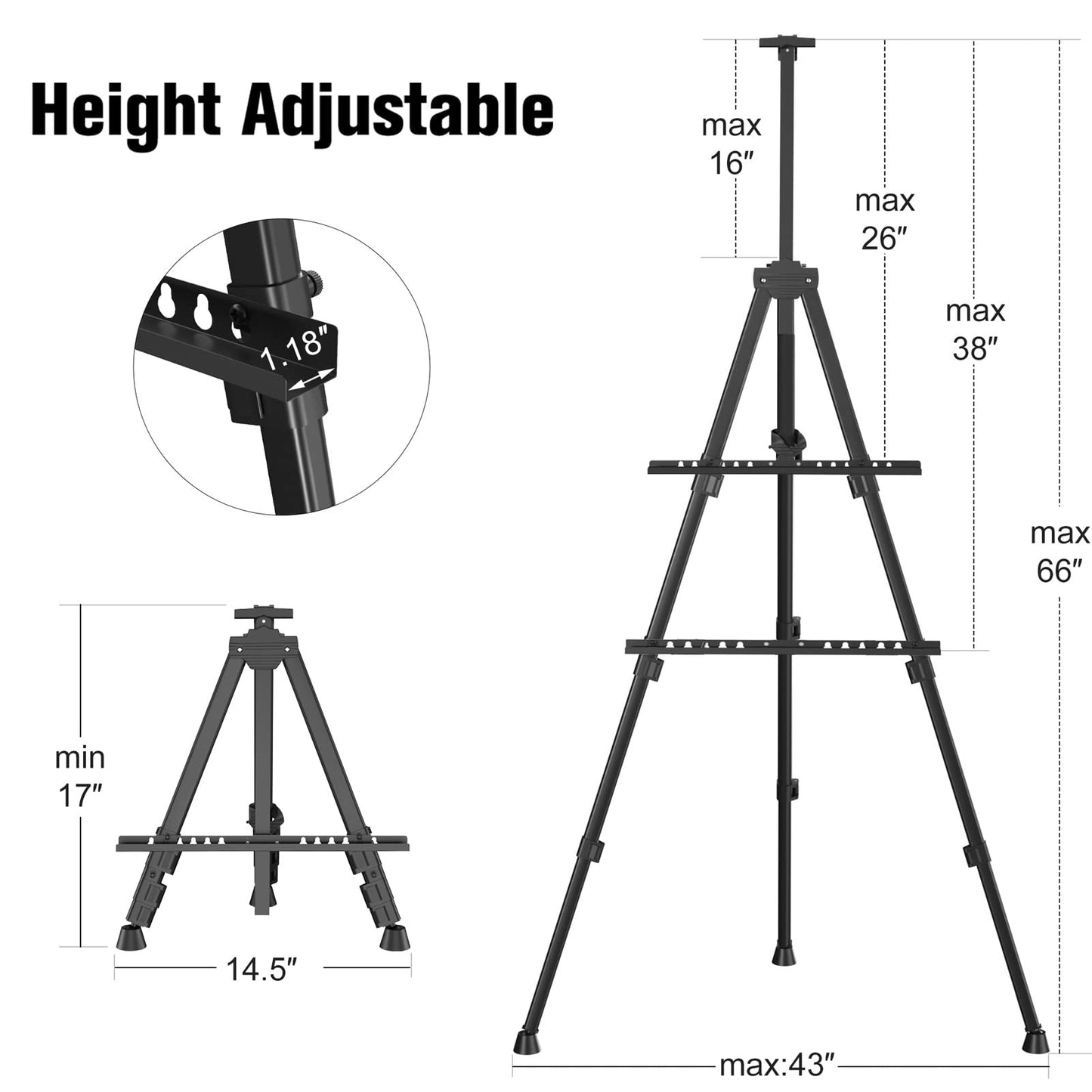 Art Painting Artist Easel Stand, Portable Adjustable Aluminum Metal Tripod Display Easel with Bag, Height from 17 to 66 inch for Table-Top/Floor Drawing and Displaying, Black