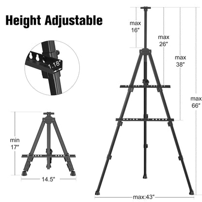 Art Painting Artist Easel Stand, Portable Adjustable Aluminum Metal Tripod Display Easel with Bag, Height from 17 to 66 inch for Table-Top/Floor Drawing and Displaying, Black