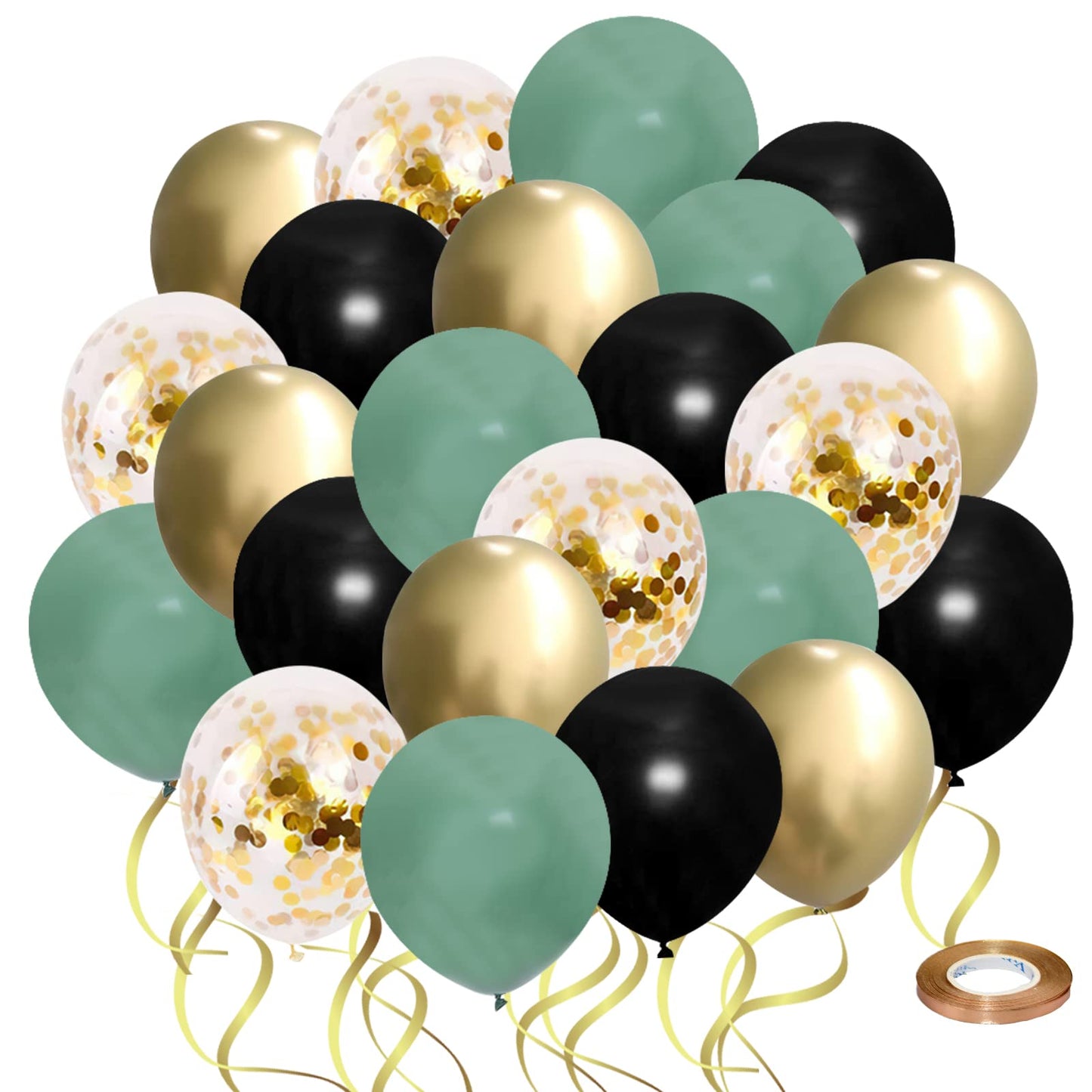 Sage Green Black Gold party Balloons, 50pcs 12 Inch Retro Sage Green Black Metallic Gold Confetti Balloons with Ribbon for Birthday Baby Shower Decorations (GreenBlack50pcs)