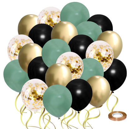 Sage Green Black Gold party Balloons, 50pcs 12 Inch Retro Sage Green Black Metallic Gold Confetti Balloons with Ribbon for Birthday Baby Shower Decorations (GreenBlack50pcs)