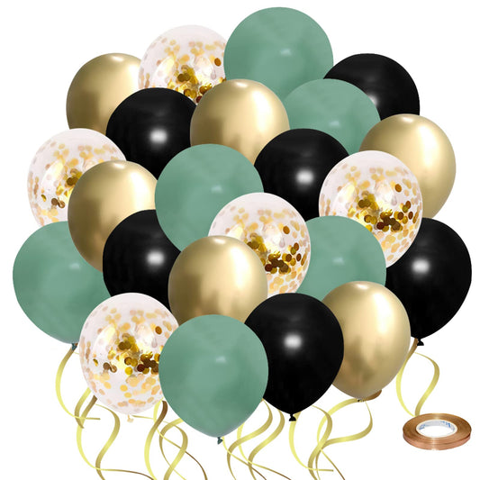 Sage Green Black Gold party Balloons, 50pcs 12 Inch Retro Sage Green Black Metallic Gold Confetti Balloons with Ribbon for Birthday Baby Shower Decorations (GreenBlack50pcs)