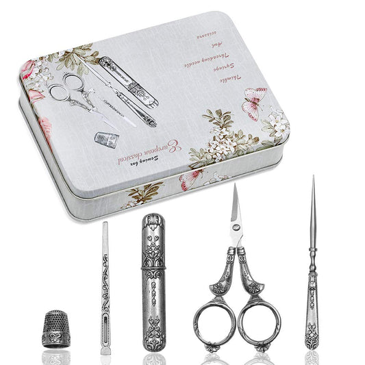 Embroidery Scissors Kit, European Antique Vintage Sewing Kit, Complete Vintage Sewing Tools with Embroidery Scissors, Original Case, Sewing Needle Case, Awl for Sewing, Craft, Needlework
