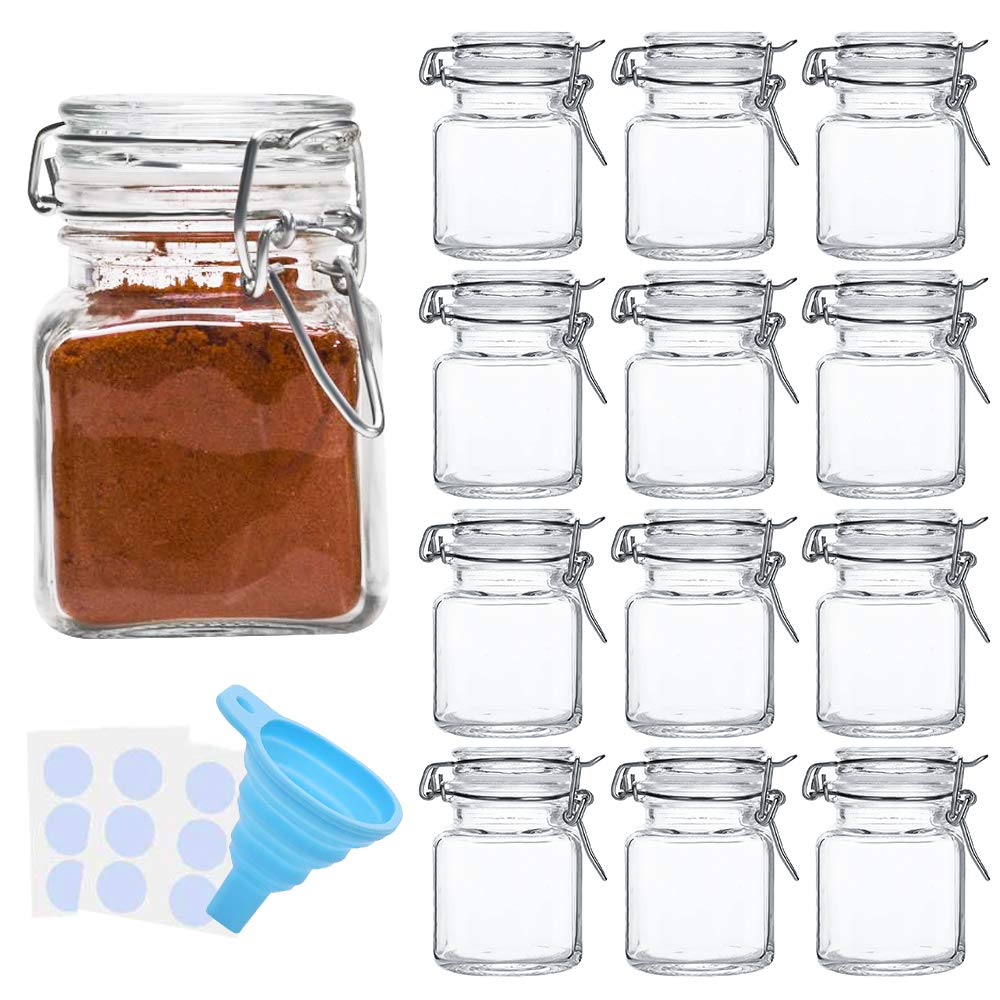 Spice Jars, 12 Pack 4oz Small Glass Jars with Airtight Hinged Lid, With 12 Spice Labels & Silicone Funnels, Airtight Glass Jars for Spices, Art Craft Storage (12 Pack)