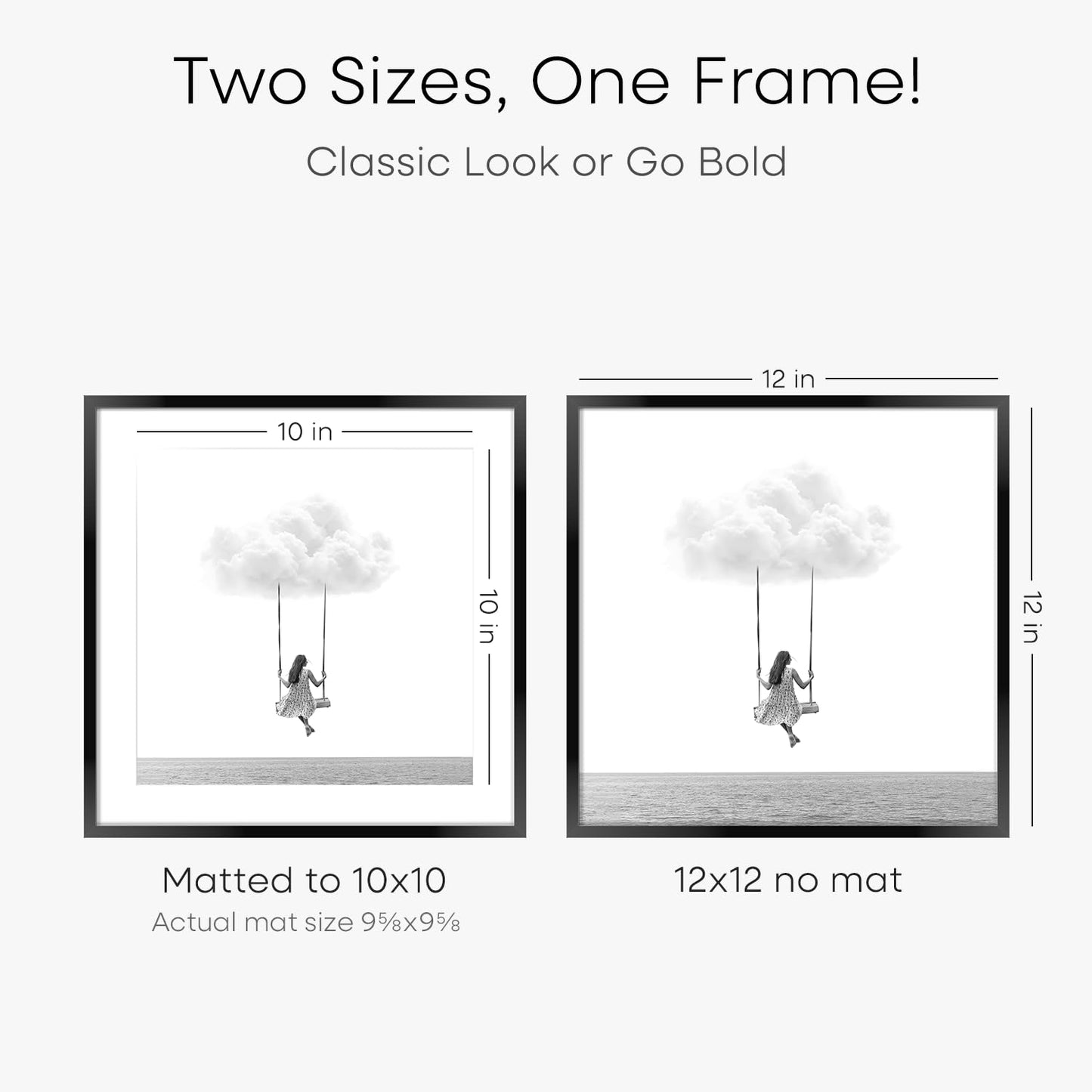 Black 12x12 Picture Frames, High End Metal 12 x 12 Square Poster Frame with Mat 10 x 10 Photo, 12x12 Black Frame Matted to 10x10 Print, 12by12 Thin Frames, Tempered Glass, Wall Kit, Set of 1