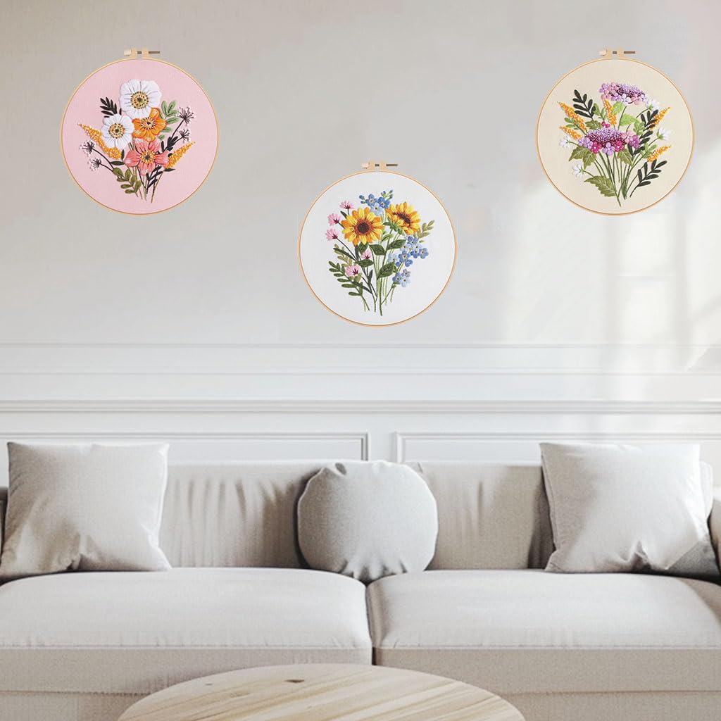 3 PCS Embroidery Kit for Beginners - Cross Stitch DIY Craft Set, Flower Embroidery Accessories & Hoop Included, Hand Embroidery Kit for Adults Stitching Sewing Kit Gift | FlowerB Patterns