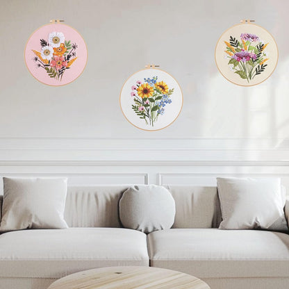 3 PCS Embroidery Kit for Beginners - Cross Stitch DIY Craft Set, Flower Embroidery Accessories & Hoop Included, Hand Embroidery Kit for Adults Stitching Sewing Kit Gift | FlowerB Patterns