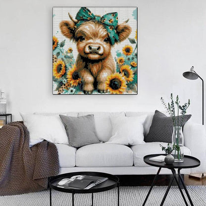 Cow Stamped Cross Stitch Kits for Adults Beginner, Sunflowers Counted Cross Stitch Kits Printed Stitching Cute Patterns Dimensions Needlepoint Art Crafts Embroidery Kits for Adults Beginners