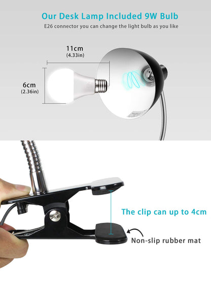 Desk lamp Eye-Caring Table Lamps, 360°Rotation Gooseneck Clip on Lamp Reading Light Portable Reading Book Light Clamp Study Desk Lamps for Bedroom and Office Home Lighting (Black)