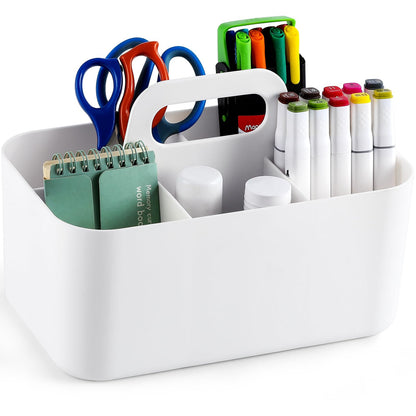 Caddy Organizer with Handle - Stackable Plastic Tote Bin - Art Craft Supplies, Office, Desk, Stationery Pen Holder, Kitchen, Utensil, Makeup, Bathroom, Shower, Cleaning, Dorm Organizer -White