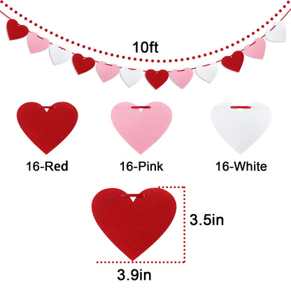 Felt Heart Garland Banner, Pre-Strung | Valentine Decorations | Red Pink White Banner | Anniversary Wedding Birthday Party Decor | Outdoor Home Hanging